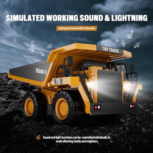 RC Dump Truck Toy, 9-Channel Remote Control Toy with Metal Bed & Light, Rechargeable Battery, Kids Construction Vehicle Truck Toys for 3+ Boys, Perfect 2024 Kid Birthday Gift for Ages 3-12+