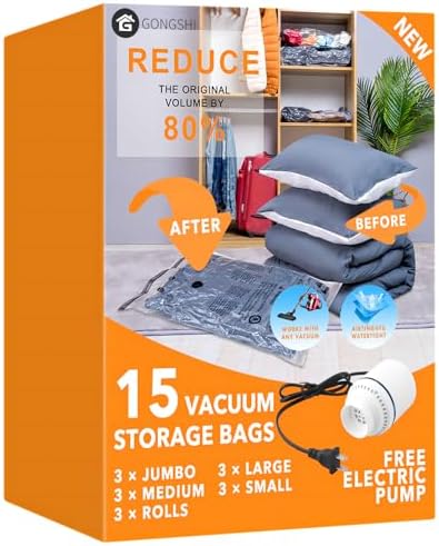 15 Pack Vacuum Storage Bags with Electric Pump (3 Jumbo, 3 Large, 3 Medium, 3 Small, 3 Roll Up), Plastic Packaging Bags,Space Saver Sealer Bag for Blankets, Comforters, Pillows, Clothes Storage