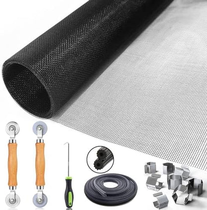 Window Screen Door Repair/Replacement Kit, King&Charles Include Black Screen Mesh 48"x118"+ 2 Roller+50Ft Spline+8Clips+Hook, 6 in 1 Window Mesh Kit, Steel/Nylon Bearing Roller