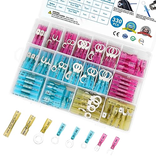 TICONN 330Pcs Heat Shrink Wire Connectors, Waterproof Automotive Marine Electrical Terminals Kit, Crimp Connector Assortment, Ring Fork Spade Butt Splices