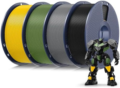 SUNLU 4kg PLA 3D Printer Filament Bundle Multicolor, Neatly Wound PLA Filament 1.75mm ±0.02mm, Individually Vacuum Packed, 4kg in Total, 1kg per Spool, 4 Pack, Black+Grey+Olive Green+Vivid Yellow