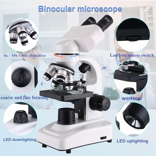 Compound Microscope，40X-2500X Research Class Professional Microscope，WF10x and WF25x eyepieces, Dual LED Lighting and Two-Layer Mechanical Stage，Microscope for Adults…