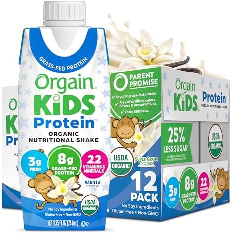 Orgain Organic Kids Protein Nutritional Shake, Vanilla - 8g of Protein, 22 Vitamins & Minerals, Fruits & Vegetables, Gluten Free, Soy Free, Non-GMO, 8.25 Oz, 12 Ct (Packaging May Vary)