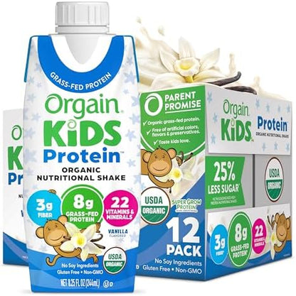 Orgain Organic Kids Protein Nutritional Shake, Vanilla - 8g of Protein, 22 Vitamins & Minerals, Fruits & Vegetables, Gluten Free, Soy Free, Non-GMO, 8.25 Oz, 12 Ct (Packaging May Vary)