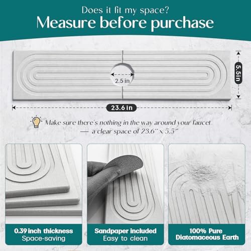 Large Faucet Mat for Kitchen Sink - Stone Drying Mat for Kitchen Counter, Diatomite Fast Drying Stone Sink Tray, Super Absorbent, Stylish Decor and Protector for Bathroom [Light Grey, 23.6" x 5.5"]