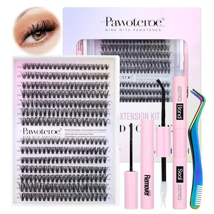 Pawotence Lash Extension Kit DIY 280pcs Individual Lash Clusters Kit 30D 40D Cluster Eyelash Extensions Kit with Lash Bond and Seal, Lash Remover, Lash Tweezers for Self Use (30D&40D, 9-16mm, All Kit)