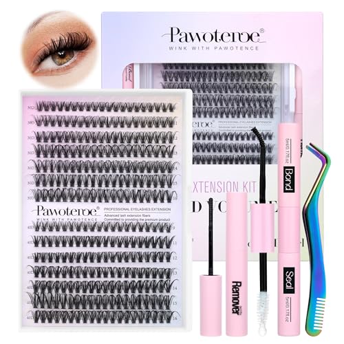 Pawotence Lash Extension Kit DIY 280pcs Individual Lash Clusters Kit 30D 40D Cluster Eyelash Extensions Kit with Lash Bond and Seal, Lash Remover, Lash Tweezers for Self Use (30D&40D, 9-16mm, All Kit)