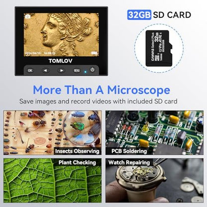 TOMLOV 1000X Coin Microscope with 4.3" Screen, Digital Microscope Magnifier with LED Lights, Metal Stand, PC View, Photo/Video, 32GB SD Card, Windows, macOS Compatible, DM4S