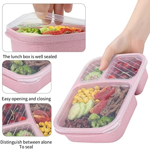 4 Pack Bento Lunch Box Set 3 Compartment Food Storage Containers Wheat Straw Meal Prep Lunch Box Plastic Food Storage Containers, Microwave and Dishwasher Safe (light colour)