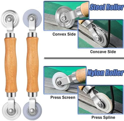 Window Screen Door Repair/Replacement Kit, King&Charles Include Black Screen Mesh 48"x118"+ 2 Roller+50Ft Spline+8Clips+Hook, 6 in 1 Window Mesh Kit, Steel/Nylon Bearing Roller