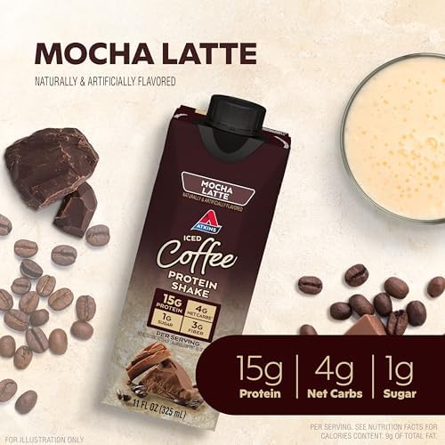 Atkins Mocha Latte Iced Coffee Flavored Protein Shake, High Protein, Low Glycemic, Low Carb and Low Sugar Shakes, Keto-Friendly, 12 Pack