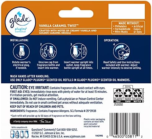Glade PlugIns Refills Air Freshener, Scented and Essential Oils for Home and Bathroom, Vanilla Caramel Twist, 3.35 Fl Oz, 5 Count