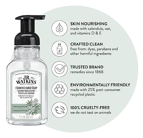 J.R. Watkins Foaming Hand Soap Pump with Dispenser, Moisturizing Hand Soap Foam, Alcohol-Free, Cruelty-Free, , Use for Kitchen or Bathroom, Eucalyptus, 9 fl oz,3 Pack