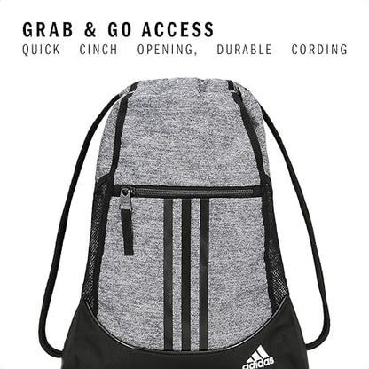 adidas Alliance Sackpack, Drawstring Backpack, Lightweight Small Gym Bag for Women and Men, Jersey Onix Grey/Black/White, One Size