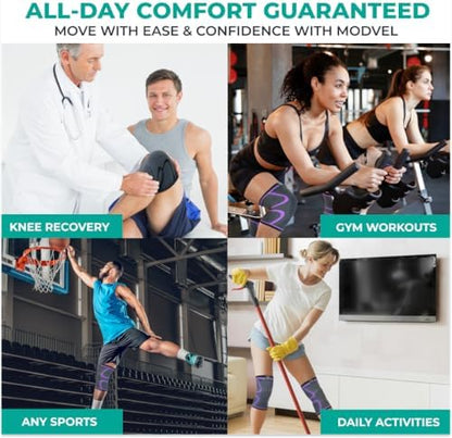 Modvel Compression Knee Brace for Women & Men - 2 Pack Knee Brace for Women Running Knee Pain, Knee Support Compression Sleeve, Workout Sports Knee Braces for Meniscus Tear ACL & Arthritis Pain Relief