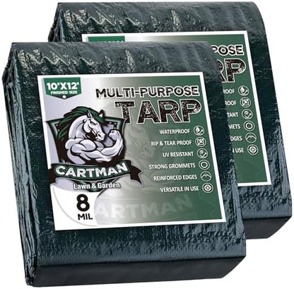 CARTMAN 2 Pack Finished Size 10x12 Feet Waterproof Green Tarp 8 Mil Thick, Multipurpose Protective Cover for Emergency Rain Shelter Camping Tarpaulin