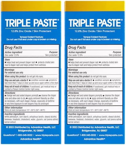 Triple Paste Diaper Rash Cream for Baby - 3 oz Tube - Zinc Oxide Ointment Treats, Soothes and Prevents Diaper Rash - Hypoallergenic Formula with Soothing Botanicals (Pack of 2)