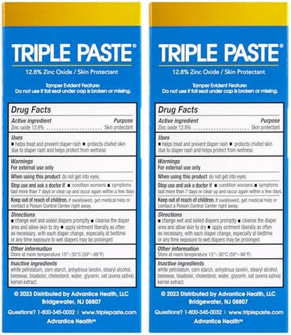 Triple Paste Diaper Rash Cream for Baby - 3 oz Tube - Zinc Oxide Ointment Treats, Soothes and Prevents Diaper Rash - Hypoallergenic Formula with Soothing Botanicals (Pack of 2)