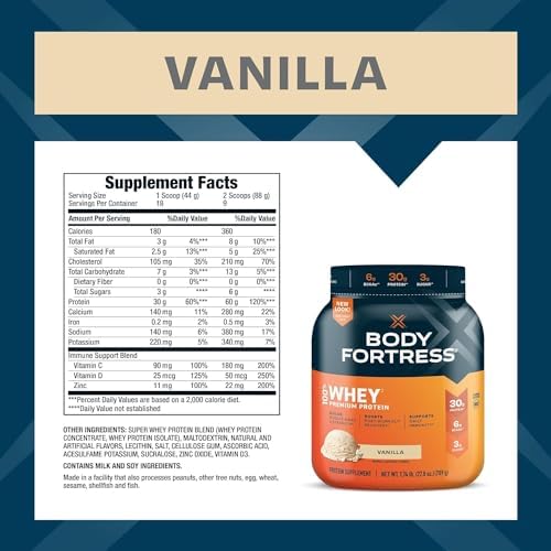 Body Fortress Super Advanced Whey Protein Powder, Vanilla, Immune Support (1), Vitamins C & D Plus Zinc, 1.74 lbs