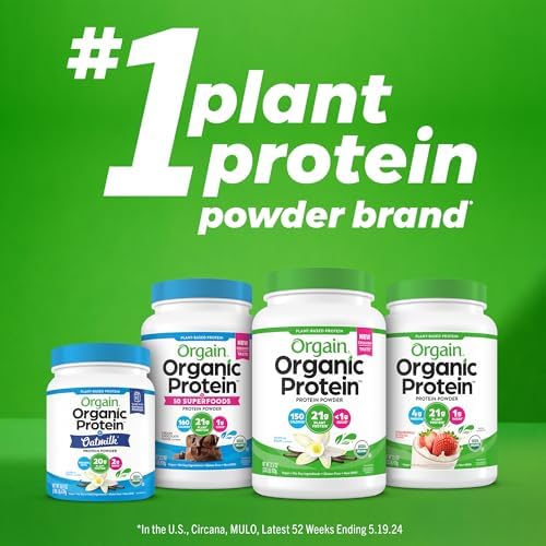 Orgain Organic Vegan Protein Powder, Vanilla Bean - 21g Plant Protein, 4g Prebiotic Fiber, No Lactose Ingredients, No Added Sugar, Non-GMO, For Shakes & Smoothies, 2.03 lb (Packaging May Vary)