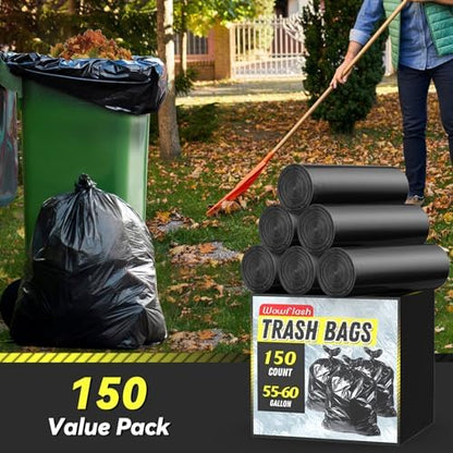 150 Count 55-60 Gallon Trash Bags, Sturdy & Tear-Resistant Commercial Can Liners 55 Gallon, Large Garbage Bags, Large Black Trash Bags for Commercial, Lawn and Leaf Bags