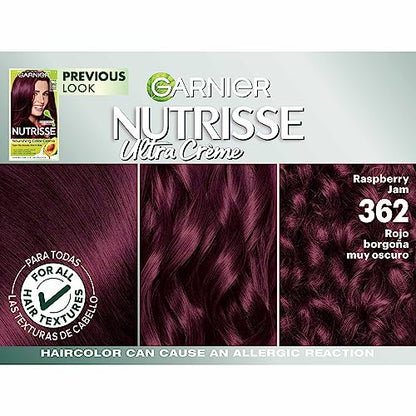 Garnier Hair Color Nutrisse Nourishing Creme, 362 Darkest Berry Burgundy (Raspberry Jam) Red Permanent Hair Dye, 2 Count (Packaging May Vary)