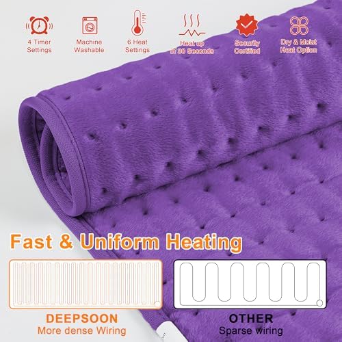 Heating Pad-Electric Heating Pads for Back,Neck,Abdomen,Moist Heated Pad for Shoulder,Knee,Hot Pad for Arms and Legs,Dry&Moist Heat & Auto Shut Off(Purple, 12''×24'')