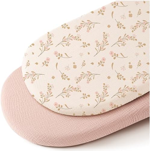 Konssy Muslin Bassinet Sheets for Baby Girl Boy, 2 Pack Soft Breathable Baby Bassinet Mattress Sheets Fit for Hourglass Oval Cradle, Moses Basket Rectangle Mattress (Floral, Pink)
