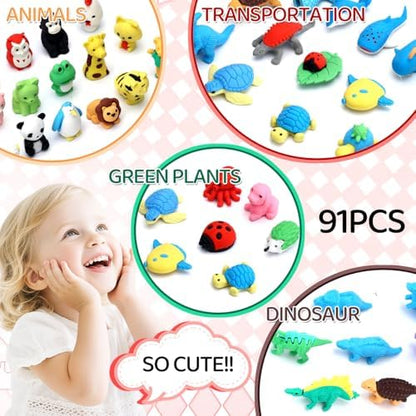 91Pcs Animal Erasers Desk Pets for Kids Animal Pencil Erasers Bulk Puzzle Eraser Toys Gifts for Classroom Prizes,Game Reward,Treasure Box,Easter Egg Fillers,Goodie Bag Stuffers,Party Favors