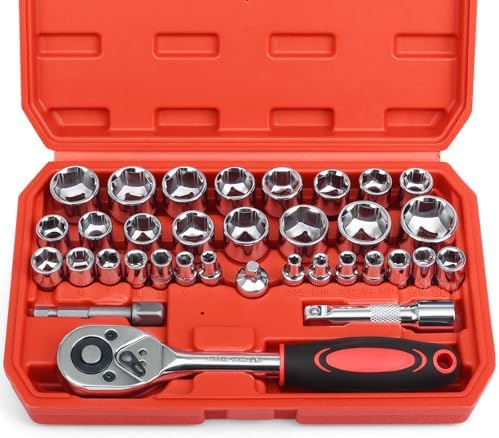 Egofine 34 Pieces 3/8 inch Drive Socket Ratchet Wrench Set, with Socket Set Metric/SAE and Extension Bar for Auto Repairing and Household, with Storage Case