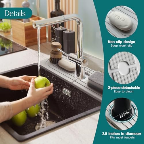 Faucet Mat for Kitchen Sink - Wider Diatomite Fast Drying Stone Sink Tray, Super Absorbent, Prevents Moisture Buildup - Faucet Splash Guard for Bathroom Counter [Light Grey, 15x5.3inch]