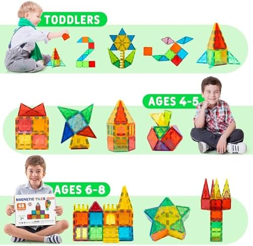 EchoPlan Magnetic Tiles,68PCS Magnetic Building Blocks,Magnet Tiles 3D Clear Building Blocks Set,STEM Sensory Educational Toys Gift for Toddlers Kids Boys 3 4 5 6 7 8 9+ Year Old