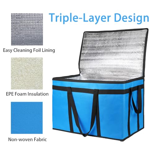 Bodaon Insulated Food Delivery Bag for Hot and Cold Meal, XXX-Large, Grocery Tote Insulation Bag for Catering, Pizza Warmer, Blue, 1-Pack