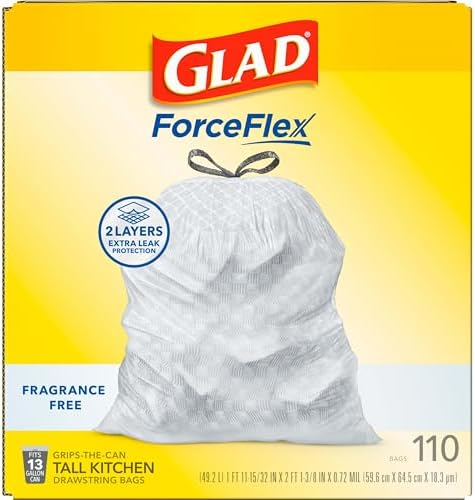 Glad ForceFlex Tall Kitchen Drawstring Trash Bags, 13 Gal, Fragrance Free, 110 Ct (Package May Vary)