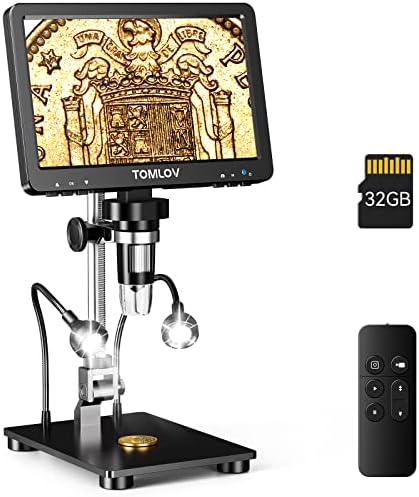 TOMLOV DM9 Pro Digital Microscope: 16MP 7" 1200X HD IPS HDMI Coin Microscope Magnifier for Full Coin View with Screen, 1080P LCD Soldering Microscopes for Adults with 10 LED Lights, PC/TV View, 32GB