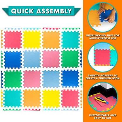 ProSource Foam Puzzle Floor Play Mat for Kids and Babies with Solid Colors, 36 or 16 Interlocking Tiles with Borders, Assorted
