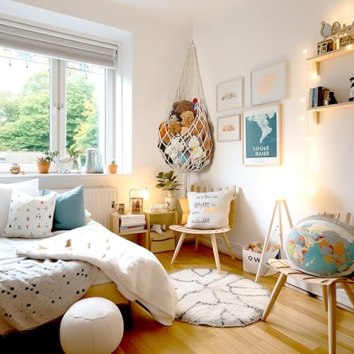 Stuffed Animal Storage Organizers Corner Hanging Net Stuffy Animal Hammock Macrame Toy Display Plush Toy Holder Wall, Kid Bedroom Decor Boho Nursery Playroom Organizer (Cream)