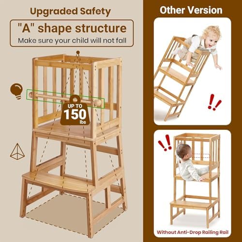 COSYLAND Kids Kitchen Step Stool，Toddler Standing Tower with CPC Certification, Removable Anti-Drop Railing Safety Rail Enjoys Unique Patented Design A Anti-tip Structure More Stable, Natural Bamboo