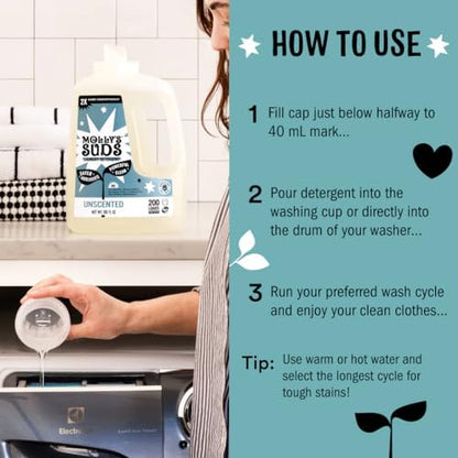 Molly's Suds Liquid Laundry Detergent | Clean Laundry Detergent Soap for Sensitive Skin | 2x Concentrated, High Efficiency (HE) (Unscented - 200 Loads)