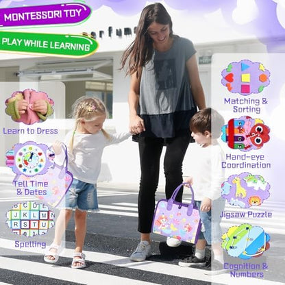 Esjay Toddler Busy Board Montessori Toys for Girls, Sensory Board Educational Activities Learning Fine Motor Skills, Birthday Gifts for Girls Toddlers, Travel Toys for Airplane Car, Purple Merpeople