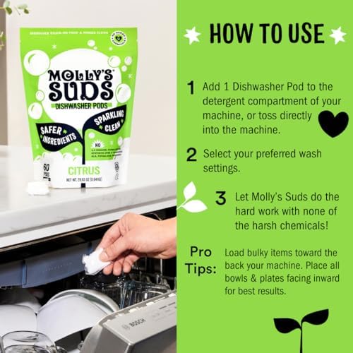 Molly's Suds Dishwasher Pods | Clean Dishwasher Detergent, Cuts Grease & Rinses Clean (Residue-Free) for Sparkling Dishes | 60 Auto-Release Tabs (Citrus)