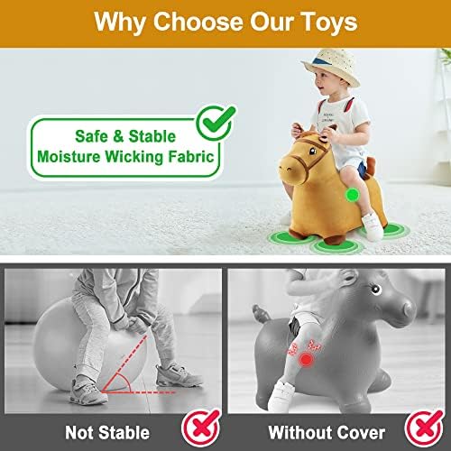 iPlay, iLearn Bouncy Pals Hopping Horse, Toddler Girl Boy Inflatable Bouncing Animal Hopper Toy, Outdoor Indoor Plush Ride on Bouncer, Baby Birthday Gift 18 Month 2 3 4 Year Old Kid - Horse