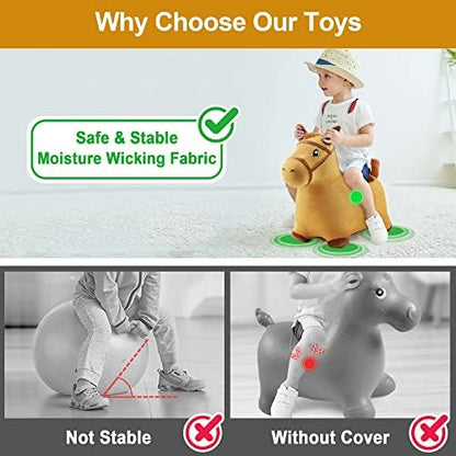 iPlay, iLearn Bouncy Pals Hopping Horse, Toddler Girl Boy Inflatable Bouncing Animal Hopper Toy, Outdoor Indoor Plush Ride on Bouncer, Baby Birthday Gift 18 Month 2 3 4 Year Old Kid - Horse