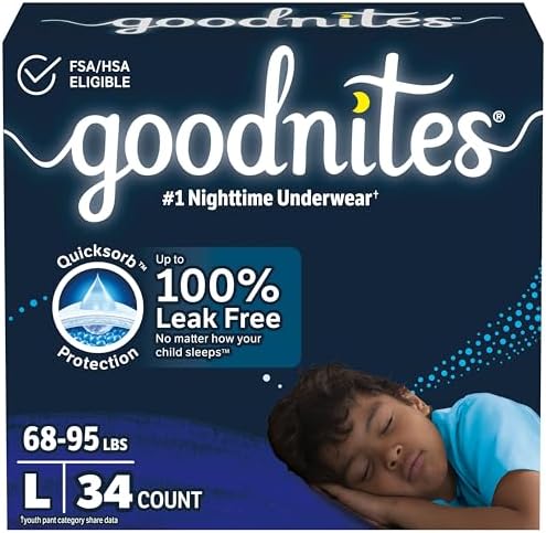 Goodnites Boys' Nighttime Bedwetting Underwear, Size Large (68-95 lbs), 34 Ct (2 Packs of 17), Packaging May Vary