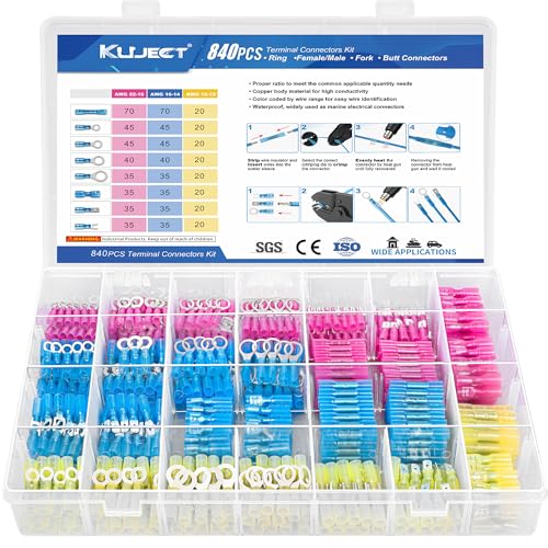 Kuject 840PCS Heat Shrink Wire Connectors Kit, Electrical Waterproof Crimp Butt Terminals, Insulated Spade Connectors for Automotive Marine Boat Truck, Include Rings Forks Spade Butt Splices