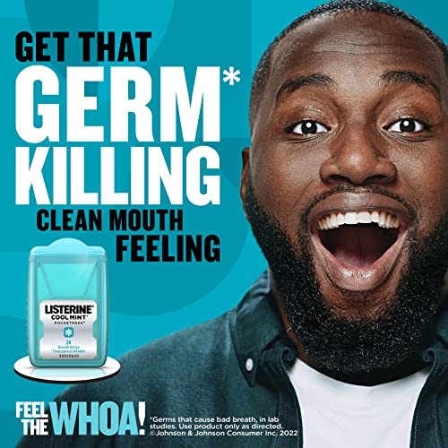 Listerine Cool Mint PocketPaks Portable Breath Strips for Bad Breath, Fresh Breath Strips Dissolve Instantly to Kill 99% of Bad Breath Germs* On-The-Go, Cool Mint, 12 Pack