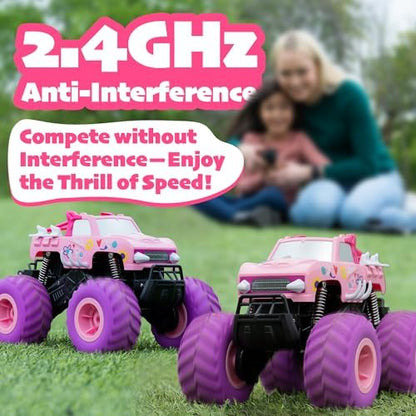 Threeking 1:16 Waterproof Pink RC Monster Truck Toys Amphibious Remote Control Car Pickup 4WD All-Terrain Toy Gift for Girls Ages 6 7 8 9 10 11 12 Durable Off-Road Fun for Indoor & Outdoor Play