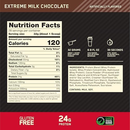 Optimum Nutrition Gold Standard 100% Whey Protein Powder, Extreme Milk Chocolate, 2 Pound (Pack of 1) (Packaging May Vary)