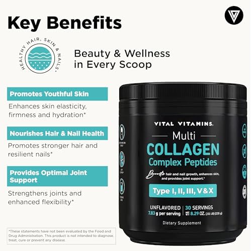Vital Vitamins Multi Collagen Peptides Powder - Unflavored, Easy to Dissolve - Type I, II, III, V, X - for Women & Men - Promotes Hair, Skin, Nails, & Joint Health - 30 Servings