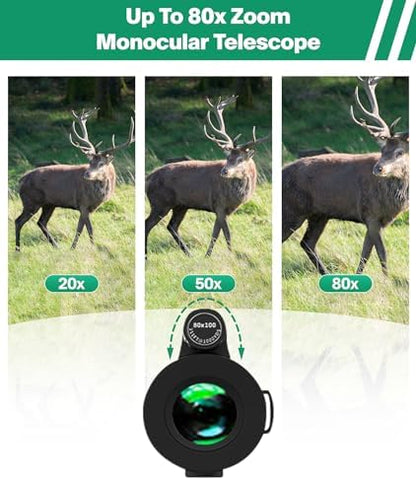 Monocular Telescope 80x100 High Power with Smartphone Adapter Tripod,Larger Vision Monoculars for Adults with BAK4 Prism & FMC Lens, Suitable for Bird Watching Hunting Hiking Camping Wildlife-Green